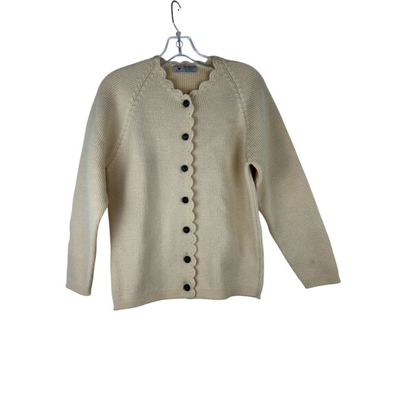 VTG Obermeyer Womens Beige 100% Wool Cardigan Sweater With Scalloped Trim Small - Picture 1 of 12